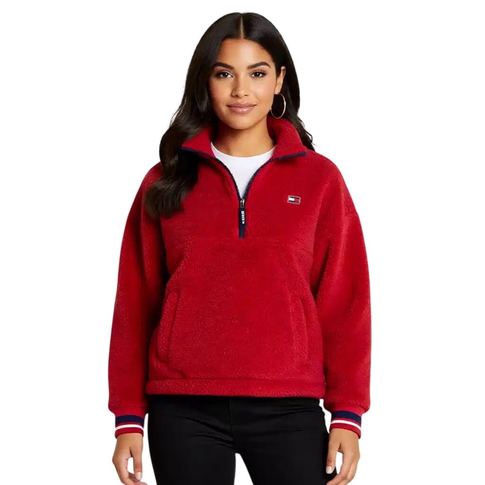 Tommy Hilfiger Sport Womens Red Sherpa Fleece Quarter Zip Pullover Jacket L NWT